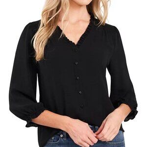 CeCe 3/4 Sleeve Ruffled V-Neck Blouse - Rich Black - Size S - NWT